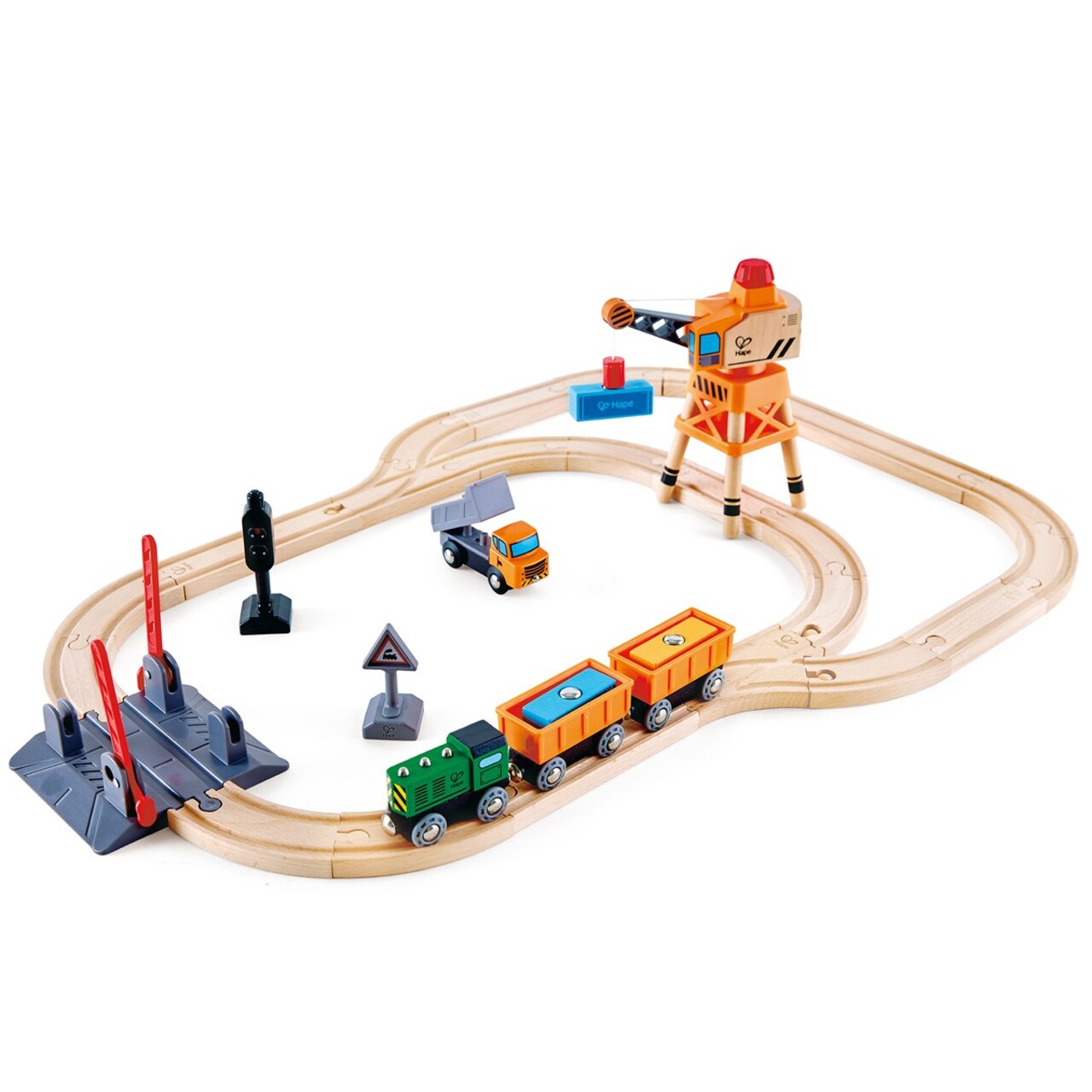 HAPE Crossing & Crane Set - 34 Piece Wooden Railway Playset